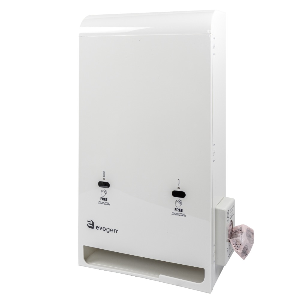 EVNT3-W-05 Evogen® No-Touch Dual Menstrual Care Product Dispensers - EVNT3 Series - 26.5" x 14" x 6.125", White ABS Plastic