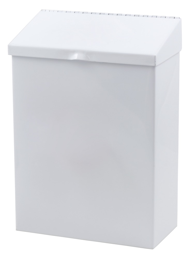 Menstrual Care Receptacles - White Metal Receptacle w/ Hinged Bottom, 8" x 4" x 11"